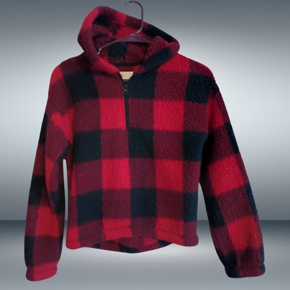 SO Girls Red & Black Cropped Sherpa Quarter Zip Plaid Hooded Pullover - Picture 2 of 5